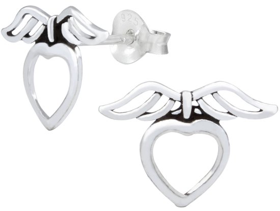 Joy|S - Zilveren hartje met vleugels oorbellen - 15 x 10 mm - geoxideerd