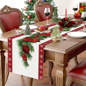 Chemin de table de Noël, ligne rouge avec fleurs rouges, sapin de Noël, cloches, imprimé, longue nappe de Noël rectangulaire pour le dîner de Noël, décoration de table (230 x 33 cm)