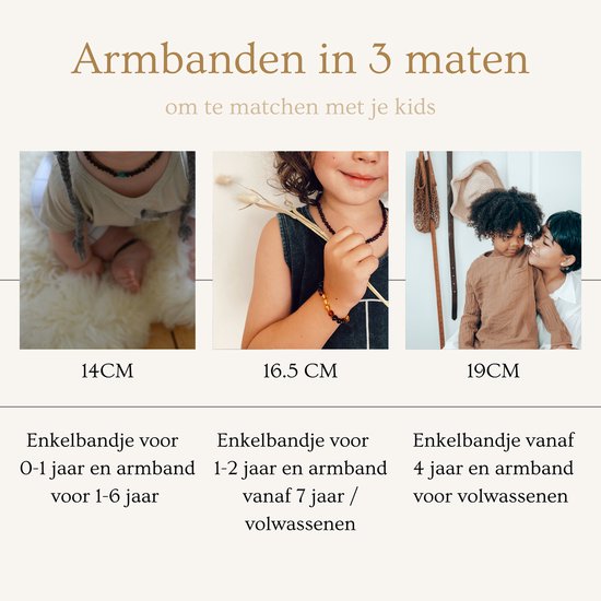Drie foto's van kinderen die barnstenen enkelbandjes en -armbanden dragen, met de maten 14cm, 16.5cm en 19cm.