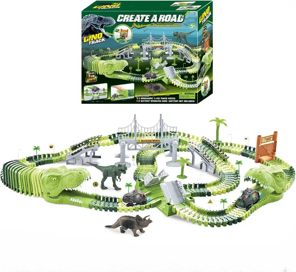 Kiddos Dinosaurus Racebaan - Sinterklaas cadeau - 192 Onderdelen - LED Verlichting - Speelgoed Racebaan