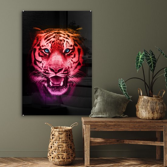 MuchoWow® Peinture sur verre 80x120 cm - Peinture sur verre acrylique - Tigre - Oranje - Rouge - Photo sur verre - Peintures