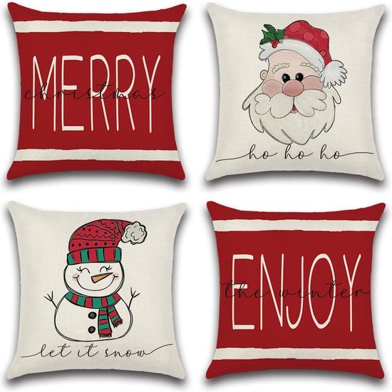 Lot De 4 De Noël 50X50 Cm, Motif Bonhomme De Neige Arbre De Noël Blanc