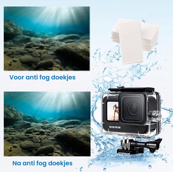 Voor en na gebruik van anti-condens doekjes met een GoPro in een waterdichte behuizing onder water.