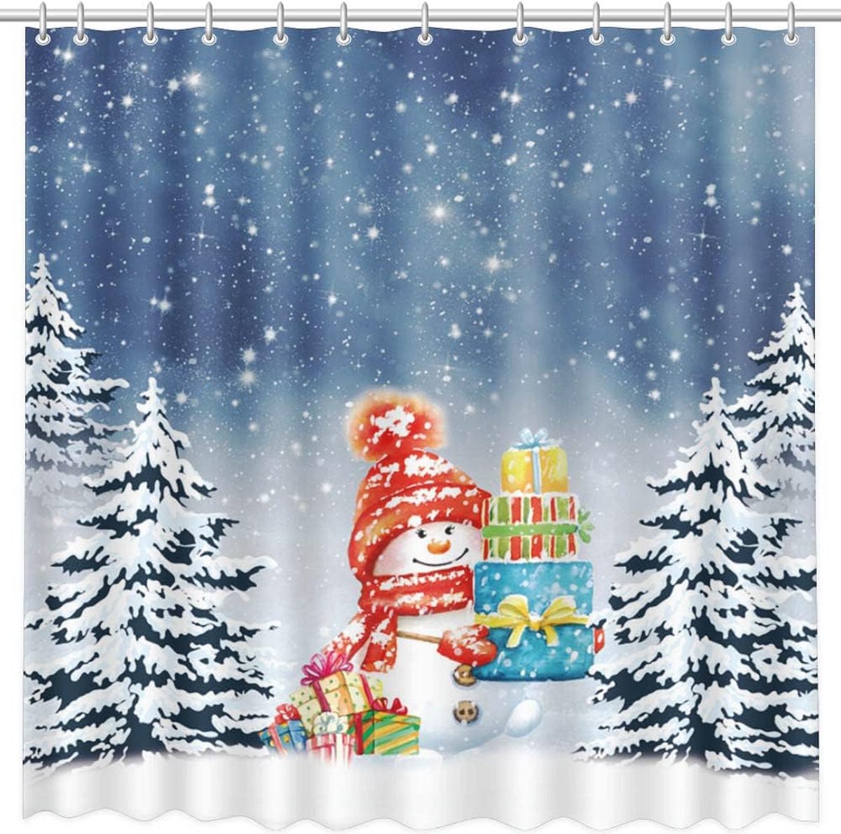 182,9X182,9CM Winter Kerst Douchegordijn Sneeuwpop Sneeuwvlok Grenen Badkamergordijn Gemoderniseerd Waterdicht Familie Bad Decoratie Polyester Stof met 12 Haken