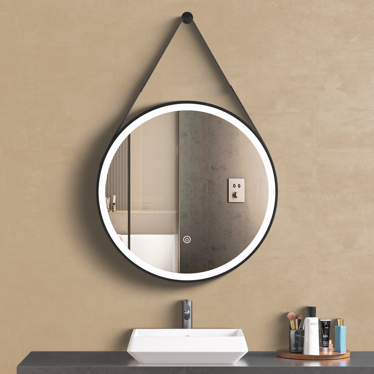 LOMAZOO Badkamerspiegel met Verlichting - Ronde Spiegel met Verlichting - Spiegel Zwart- Badkamer spiegel - 60 cm - Rond [LUCCA]