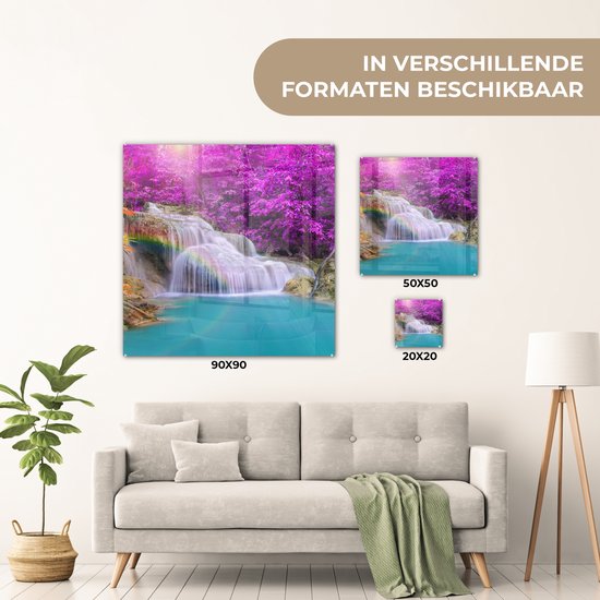 MuchoWow® Peinture sur verre 20x20 cm - Peinture sur verre acrylique - Cascade - Arbres - Arc-en-ciel - Violet - Photo sur verre - Peintures