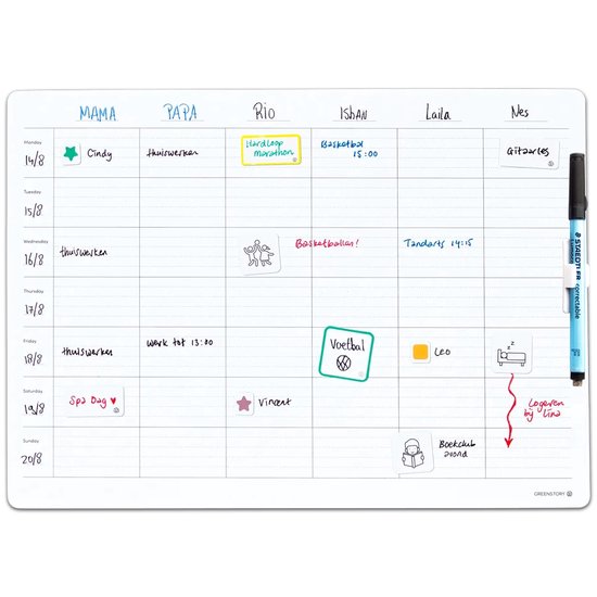 GreenStory - Familie Agenda - 6 Personen - Sticky Whiteboard - met Sticky Pen