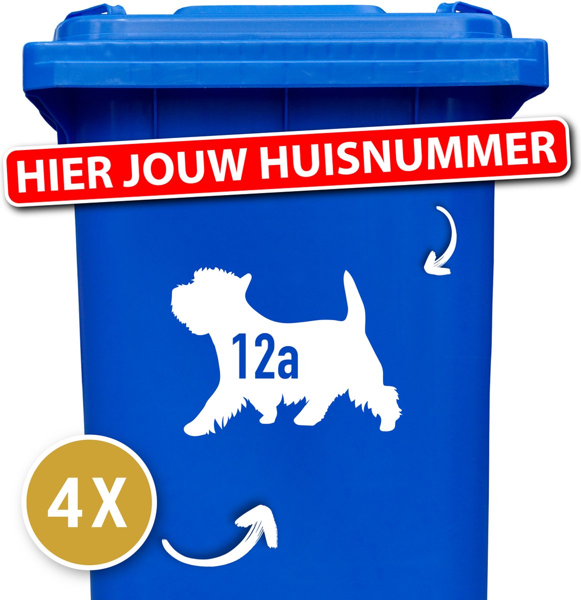 Container sticker - klikostickers - kliko sticker voordeelset - 4 stuks - West highland terrier - container sticker huisnummer - wit - vuilnisbak stickers - container sticker hond