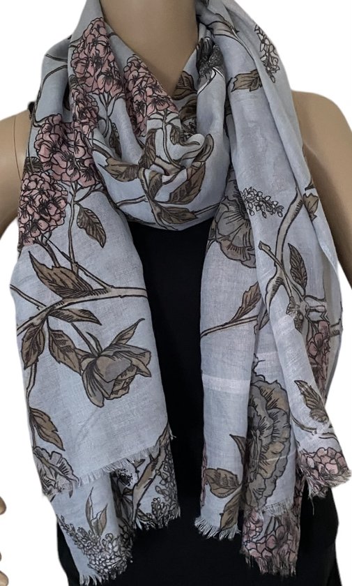 Dames lange sjaal met bloemenprint grijs/roze