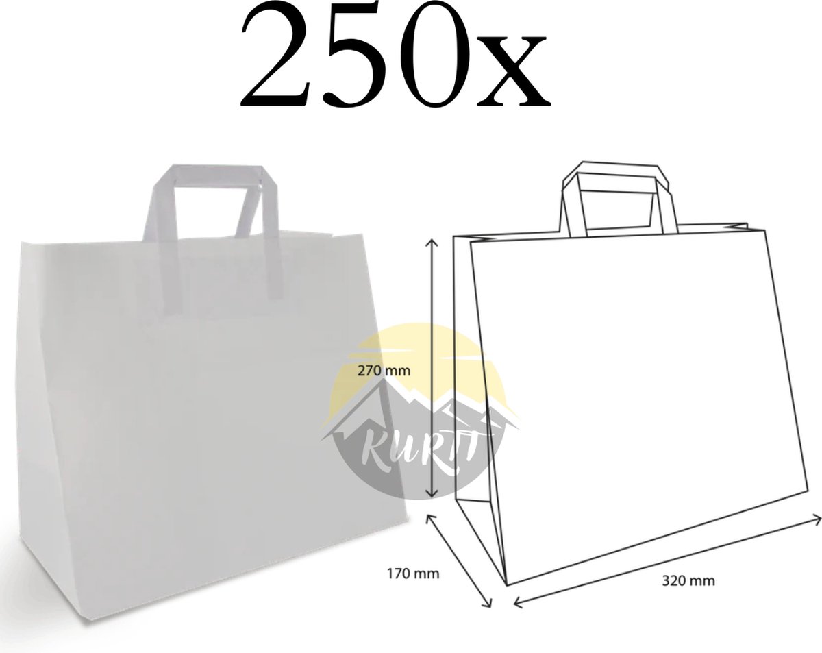 KURTT - 250 stuks, Papieren draagtas, Papieren Draagtassen, WIT, 32 + 17 x 27 cm, BIO, Milieuvriendelijk, To go tasjes, Maaltijd tasjes, Cadeau tasjes