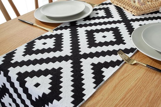 KnBoB Katoen linnen beige grijs geometrisch puzzelpatroon met kwasten decoratieve tafelloper afmeting 32x200cm