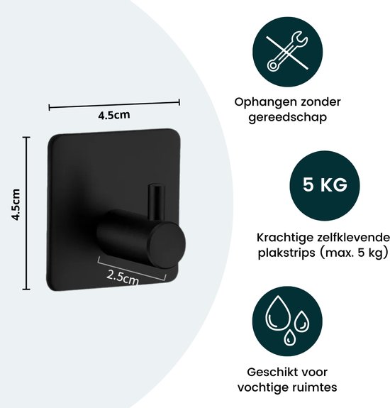 Zack Peco handdoekhaak 4.5x4.5cm rond zelfklevend Mat Zwart set van 2