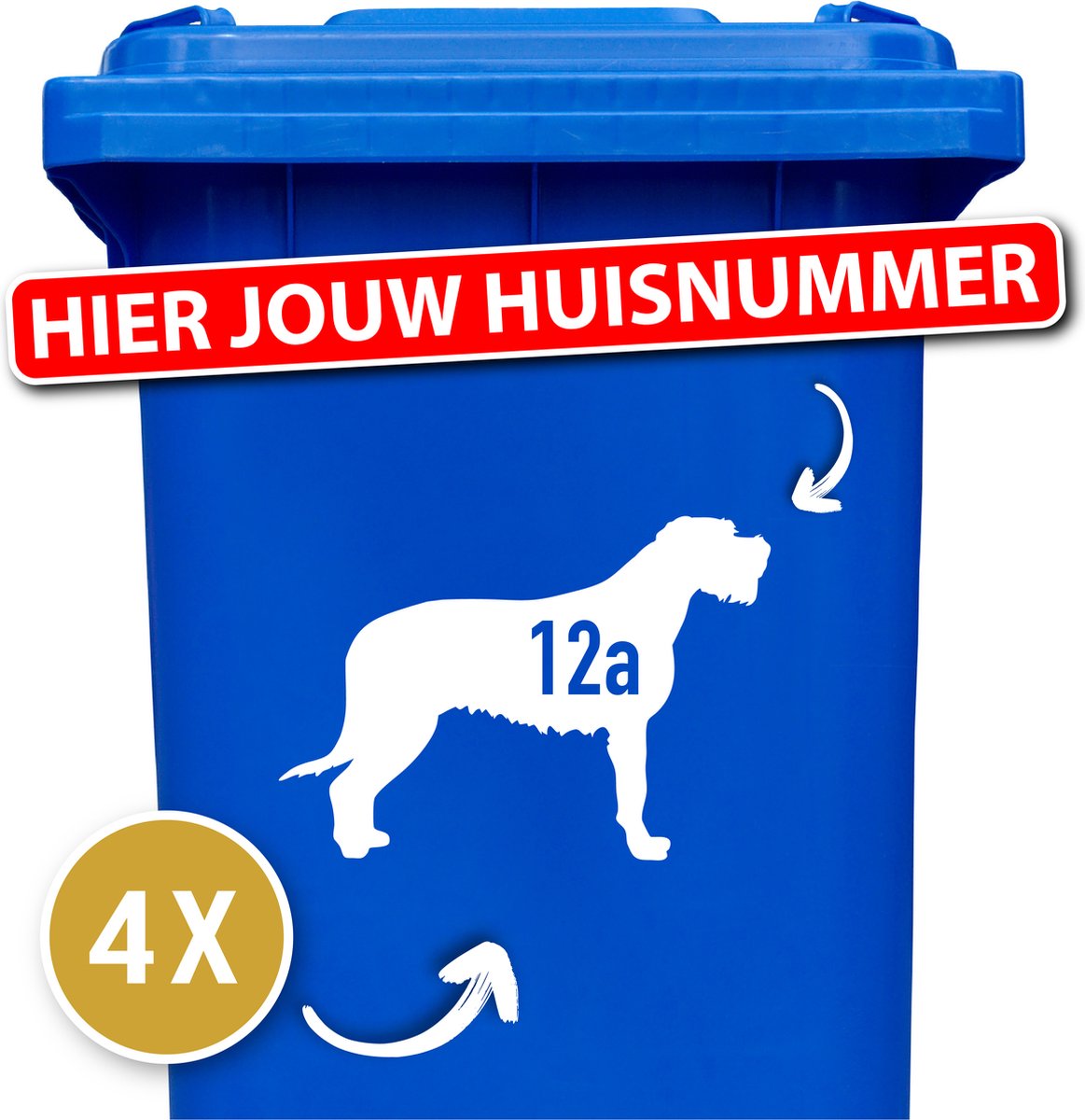 Ierse Wolfshond - Klikostickers - Kliko Sticker Voordeelset - 4 stuks - wit - container sticker huisnummer - weerbestendige stickers - containerstickers