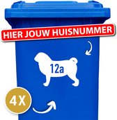 Container sticker huisnummer - klikostickers - kliko sticker voordeelset - 4 stuks - Mopshond - wit - vuilnisbak stickers - container sticker hond