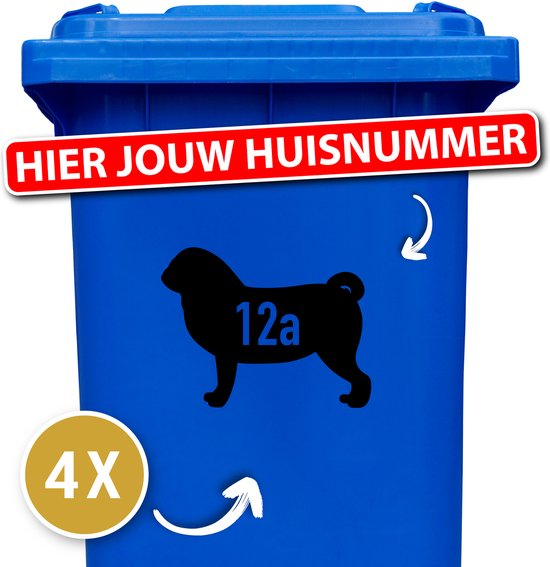Kliko sticker voordeelset - 4 stuks - Mopshond - container sticker huisnummer - zwart - vuilnisbak stickers