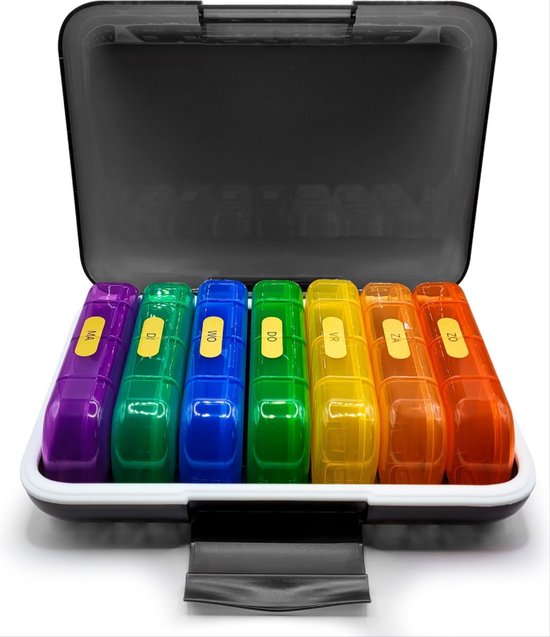 CHPN - Pillendoos 7 dagen - Medicijndoos - 4 vakjes per dag - Pillendoosje - Etui - 7 bakjes - Medicijnen sorteren - Multicolor