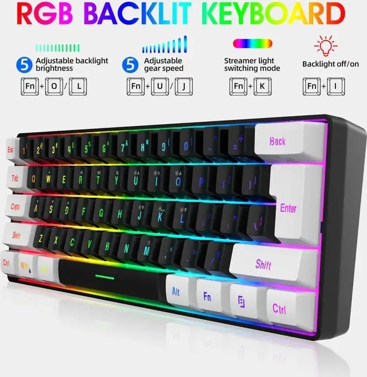 Beroli - 60% Bedraad Gaming Toetsenbord - RGB Backlight - Waterdicht - Compacte Mini Toetsenbord - 61 Toetsen - PC/Mac Gamers