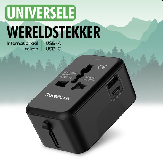 TravelHawk Universele Wereldstekker met USB-C en USB Poort - Reisstekker - USB stekker - Internationale Reisstekker voor 150+ landen - Amerika (USA) - Engeland (UK) - Australië - Azië - Zuid Amerika - Afrika - Wereldstekkers - Zwart