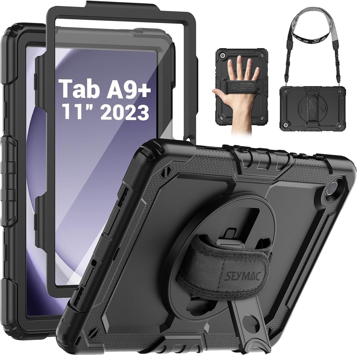 Samsung Galaxy Tab A9 Plus schokbestendig 360 graden draaibare handriem/standaard schouderriemelijk Tablethoesje - Zwart