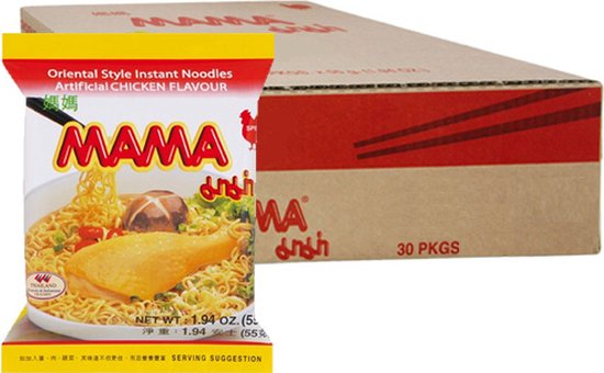 Mama Kip Smaak instant noedels verpakking en een doos met 30 zakjes.