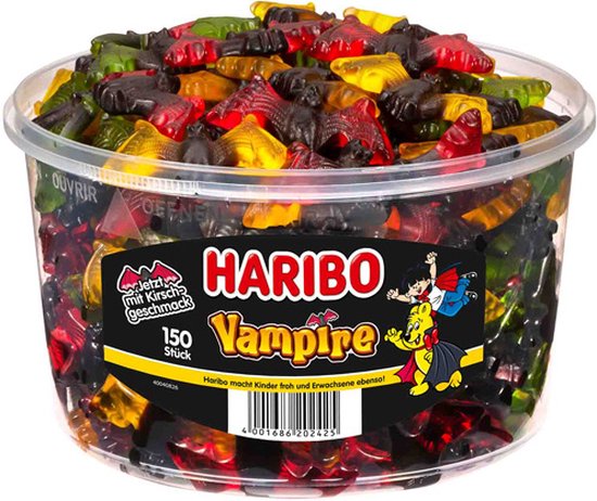 Haribo Vampire snoep in rode, gele, groene en zwarte kleuren, vormgegeven als vleermuizen, in een ronde pot met 150 stuks.