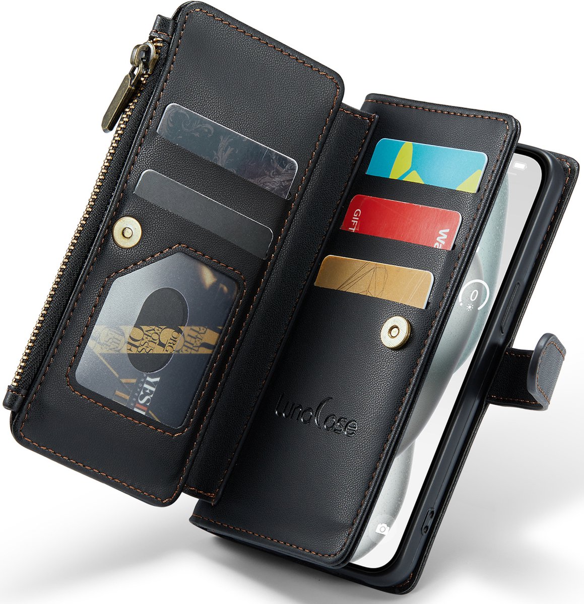 Hoesje geschikt voor iPhone 15 - ZipCase Book Cover Case Kunstleer Obsidiaan Zwart
