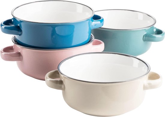 Foto: M ser maila colourful ceramic soup cups set for 4 people in enamel look soup bowls with handle in vintage design stoneware petrol dusky pink beige dark blue