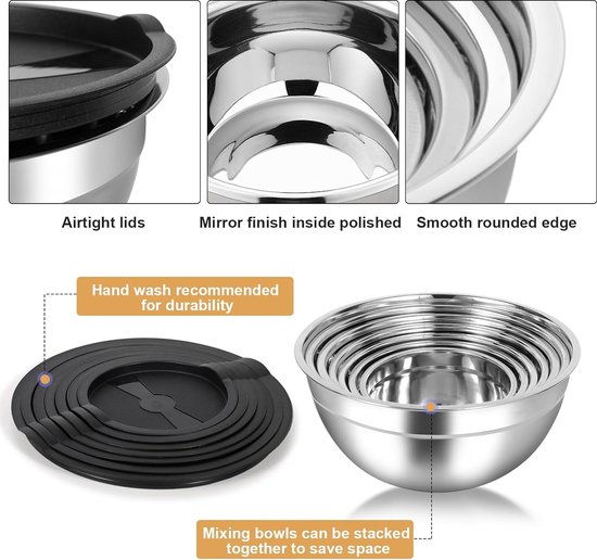 7 PCS Stainless Steel Mixing Bowls With Lids - Golden Mirror Finish, 1.5 Qt To 6.9 Qt