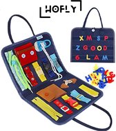 Hofly Busy Board -Blauw- Motoriek Speelgoed Map Sensorisch Speelgoed - Extra Duurzaam met Hoogwaardig Leren Afwerking - Unisex Montessori Leren Veter Strikken Knopen Leggen Activiteitenbord - Educatief Spel