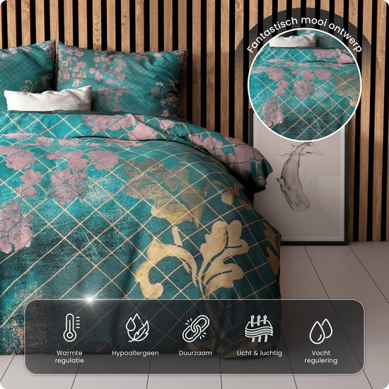 Sleeptime Tiran Flower Dekbedovertrekset - Tweepersoons - 200x200/220 + 2 kussenslopen 60x70 - Groen