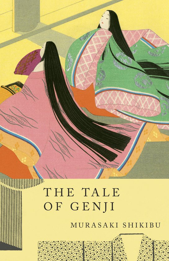Couverture du livre 'The Tale of Genji' avec deux femmes japonaises en kimonos rose et vert.