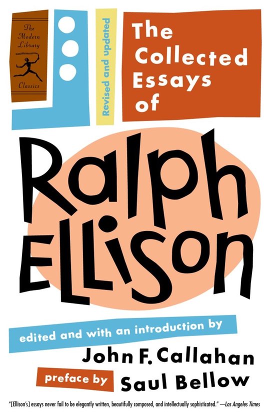 Boek 'The Collected Essays of Ralph Ellison'. Oranje cirkel met zwarte tekst, oranje rechthoek met tekst. Modern Library Classics logo.