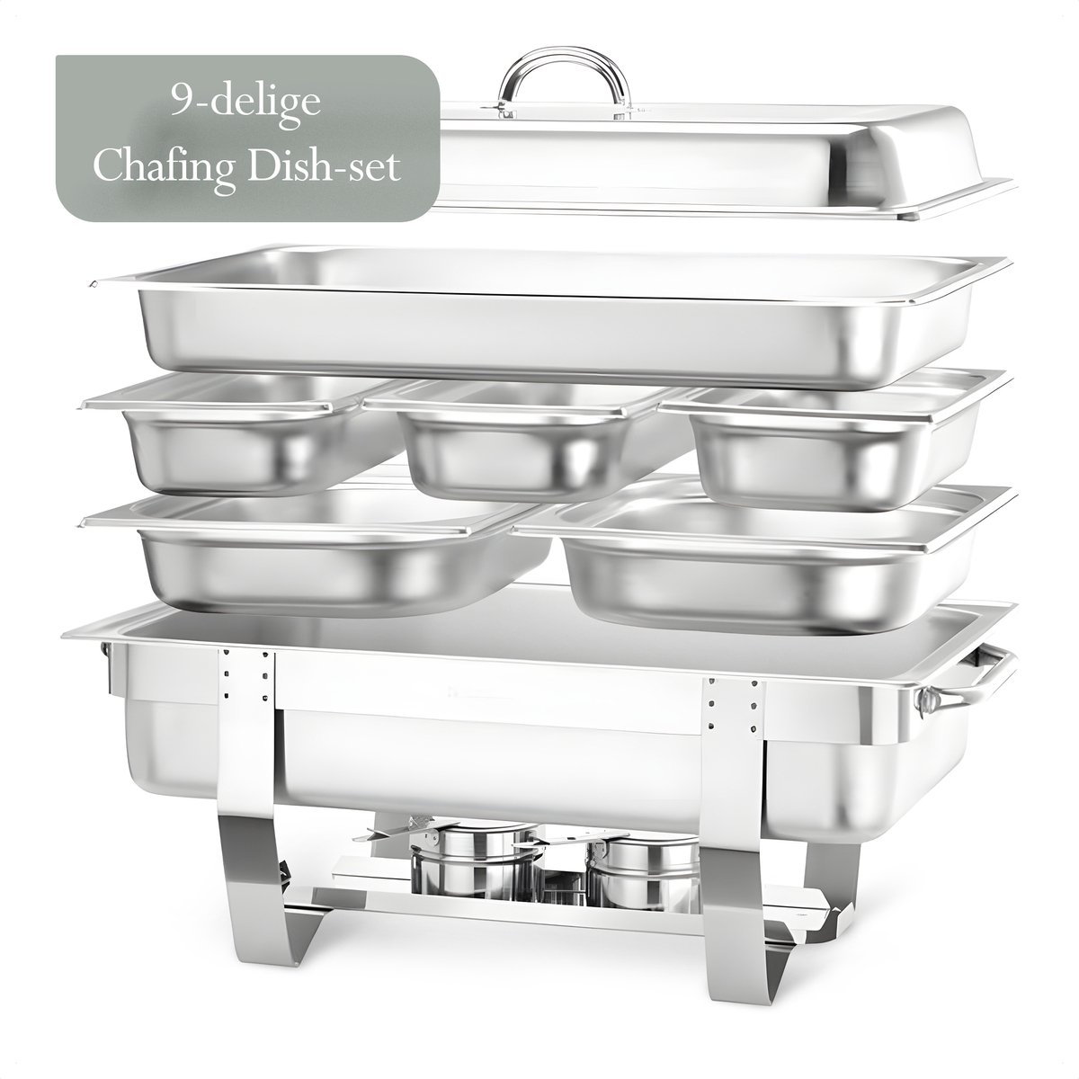 Zanora® Chafing Dish Set - 9-Delig - Warmhoudschalen - Roestvrij Staal - Buffetwarmer - 9 Liter - Incl. 2 GN Bakken