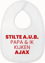 Slabbetje met tekst - Stilte AUB papa en ik kijken Ajax - Wit/rood | 100% katoen - Incl. hoogwaardige Klittenband sluiting - Kraamcadeau - Babyshower - Slabber