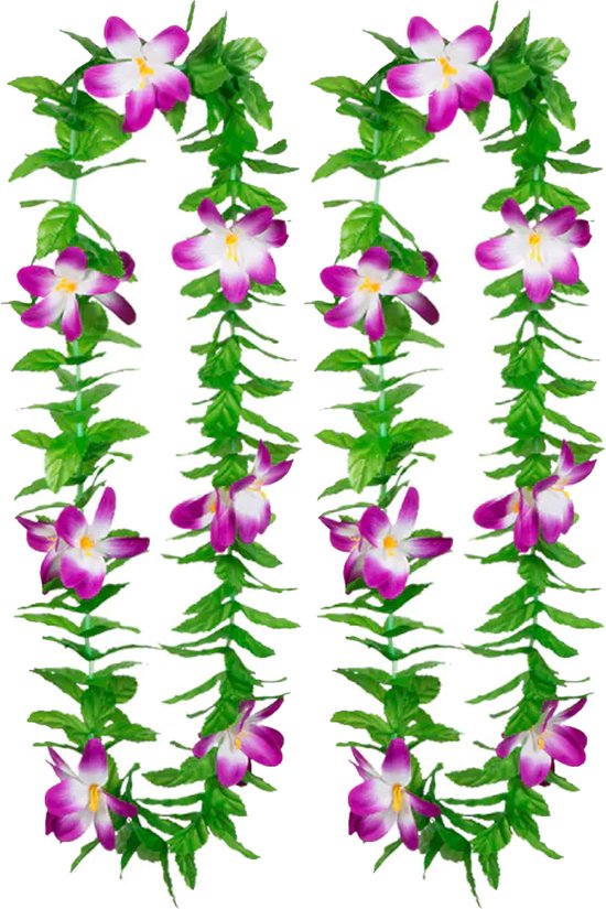 Toppers in concert - Boland Hawaii krans/slinger - 2x - Tropische kleuren mix groen/paars - Bloemen hals slingers