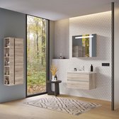 Set de Meubles de Salle de Bain Jena 80 cm Chêne Allemand - Meuble Bas MDF Soft Close Sans Poignée 2 Tiroirs avec Lavabo en Céramique 1 Trou de Robinetterie et Miroir de Salle de Bain avec Éclairage LED