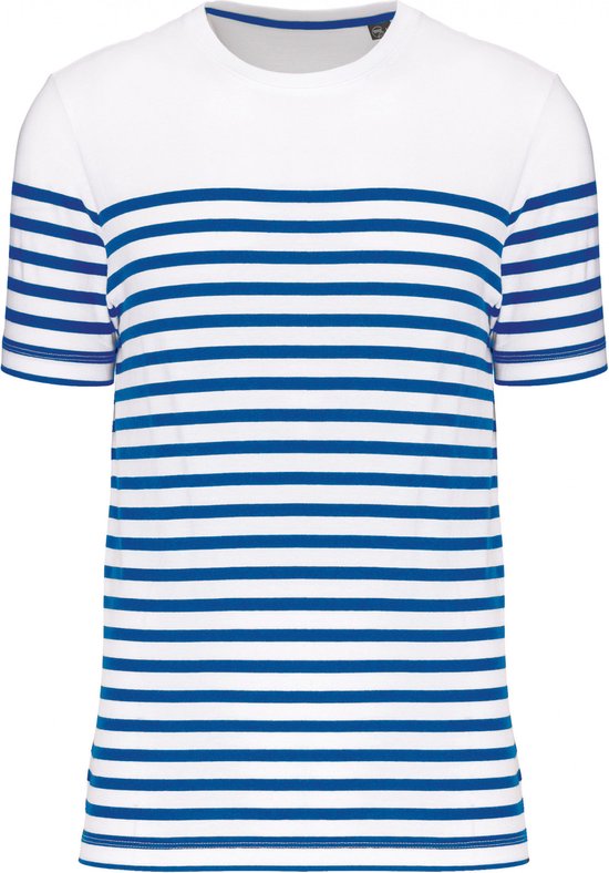 T-shirt Heren L Kariban Ronde hals Korte mouw White / Royal Blue Stripe 100% Katoen