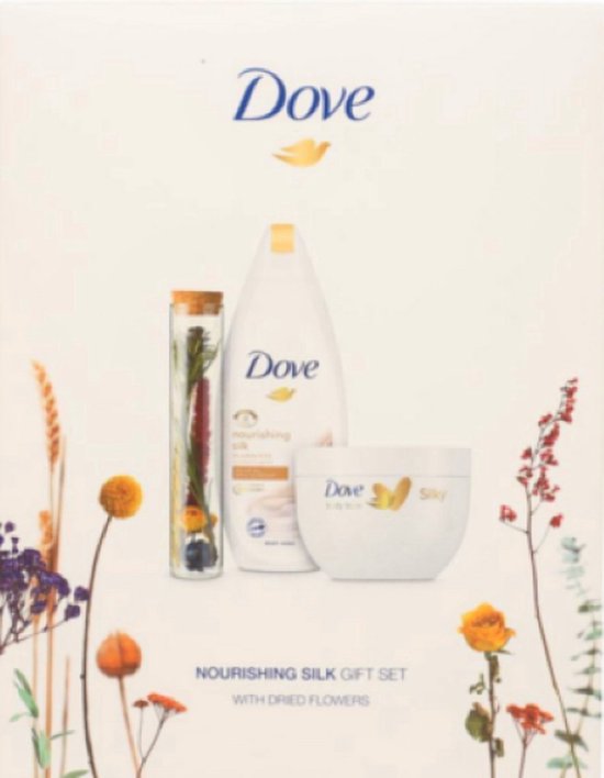 Geschenk Dove – Nourishing Silk Douchecrème 250 ml, Bodycrème 300 ml en Droogbloemen in glazen buisje