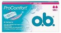 O.B. ProComfort Mini tampons. Doosje met tekst 'ProComfort', 'Mini', '16 Tampons'. Bevat illustratie van een tampon en de tekst 'SilkTouch Cover' en 'Smooth Technology'.