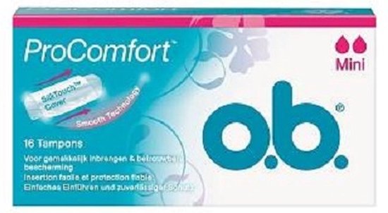 O.B. ProComfort Mini tampons. Doosje met tekst 'ProComfort', 'Mini', '16 Tampons'. Bevat illustratie van een tampon en de tekst 'SilkTouch Cover' en 'Smooth Technology'.