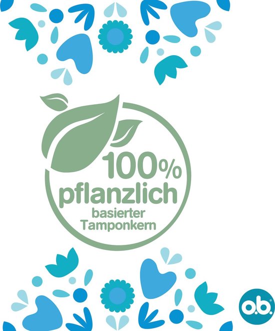 Groene cirkel met bladeren, "100% pflanzlich basierter Tamponkern". Bloemenmotief in blauw en groen.