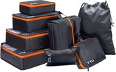 TTD® Premium Packing Cubes Set van 8 Stuks - Tot 105L Inhoud - Koffer Organizer Set - Bagage Organizer - Backpack Organizer - Compression Cube - Toilettas - Zwart & Oranje