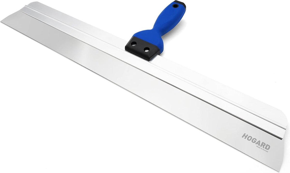 Professionele afwerkspatel van roestvrij staal met ergonomische grip.
