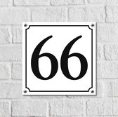 Huisnummerbord Wit Dibond Deluxe - Nummer 66 - incl. bevestiging | - naambord - nummerbord - voordeur | formaat 12 x 12 cm | - huisnummerbordje - nummerbord - voordeur