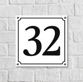 Huisnummerbord Wit Dibond Deluxe - Nummer 32 - incl. bevestiging | - naambord - nummerbord - voordeur | formaat 12 x 12 cm | - huisnummerbordje - nummerbord - voordeur