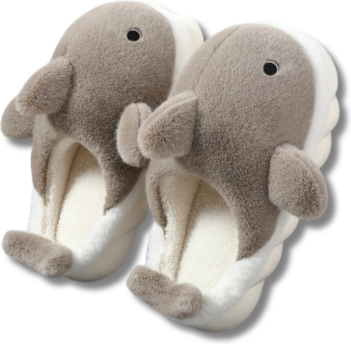 Livano Pantoffels - Sloffen - Slippers - Warme Pantoffels - Dames - Heren - Pluche - Maat 41 en 42 - Haai - Licht Bruin