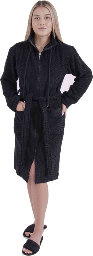 Badjas Femme - Zwart - Avec Fermeture Éclair en Bamboe, Taille - XL