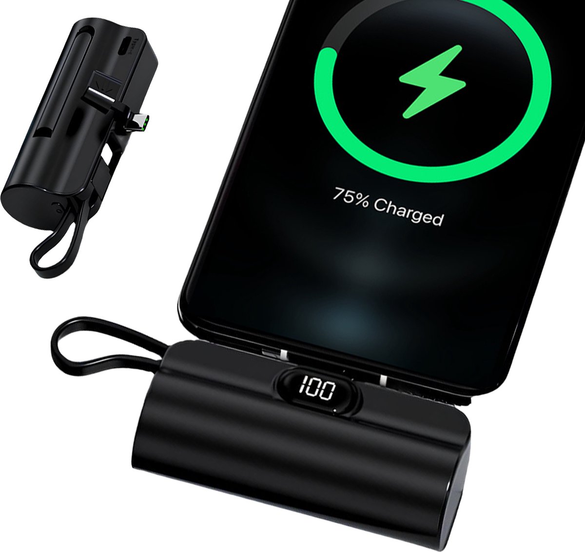 ISHIVA Mini Powerbank 5000 mAh USB C - Kleine Draadloze Externe Batterij met LED Display & Stand compatibel met Samsung, Type C Android telefoon - Geschikt voor iPhone 15 - Ingebouwde iPhone Oplader Kabel