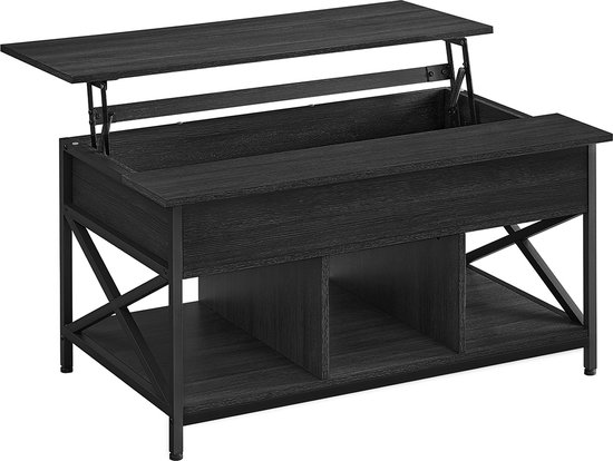 Signature Home Zimba Salontafel - Lift-Top Tafel Salontafel voor woonkamer - salontafel met open en verborgen opslag - X-vormige staven - houtskoolgrijs en zwart - 60 x 100 x (48-62) cm