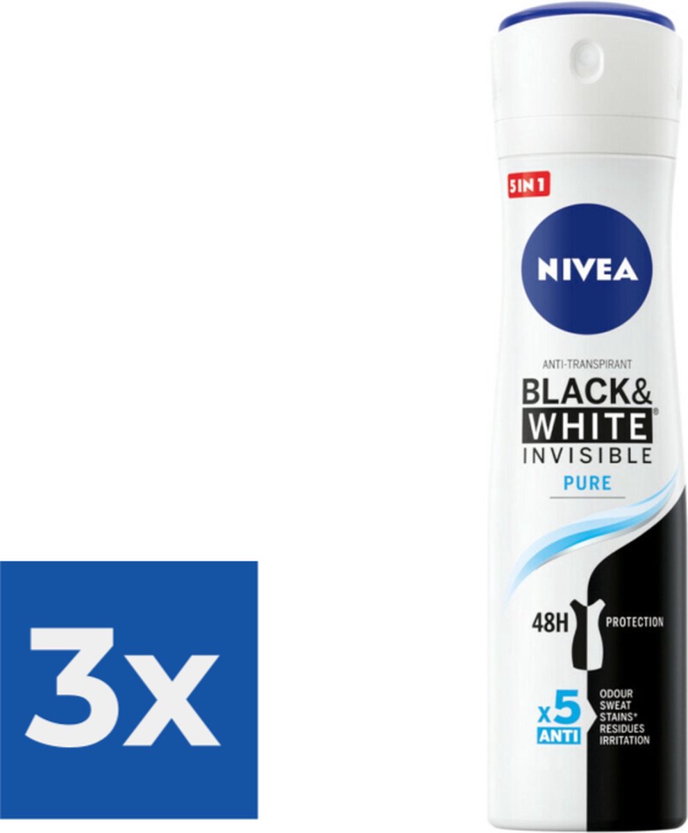 Goedkoopste Nivea Deodorant Spray Invisible For Black & White Pure 150 ml - Voordeelverpakking 3 stuks